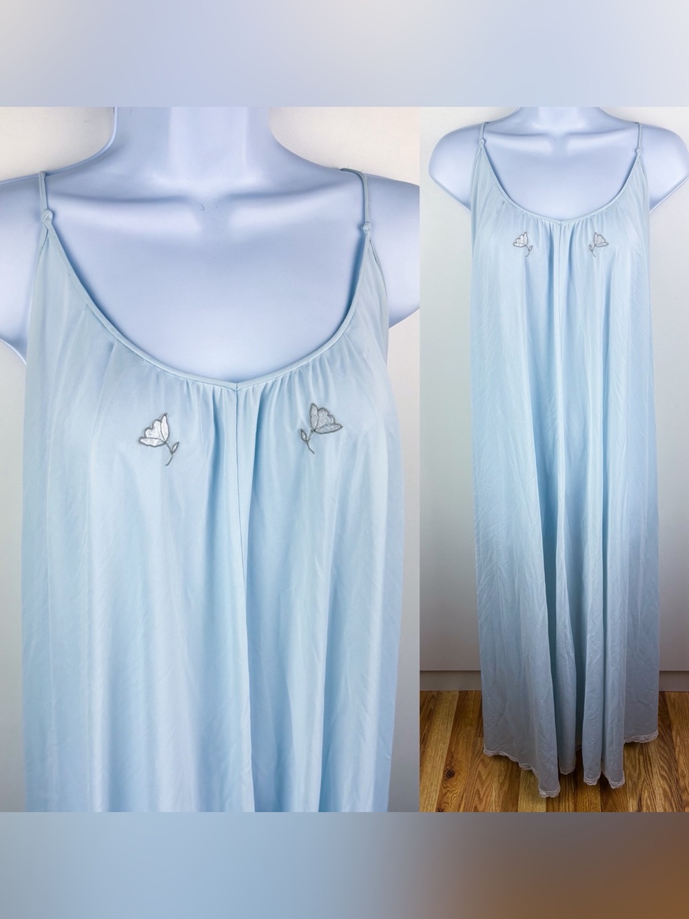 Vintage 60s Nylon Claire Sandra Lucie Ann Light Blue Floral Lace Trim Nightgown